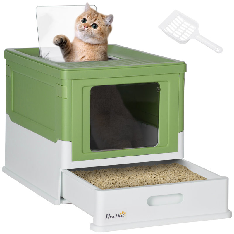 Pawhut Fully Enclosed Cat Litter Box With Scoop Hooded Cat Litter House With Drawer Type Tray Foldable Smell Proof Cat Potty With Front Entry Top Exit Large Space Yellowish Green Wayfair